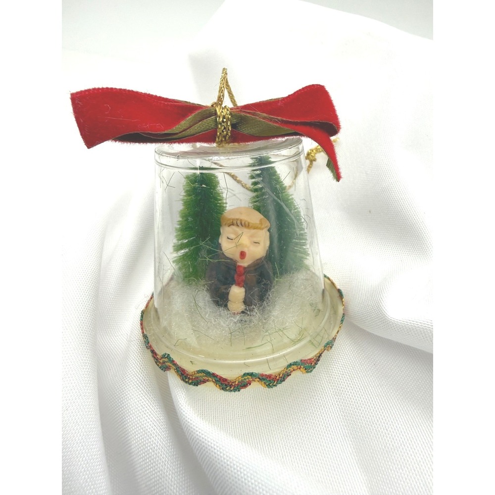 Vintage Kitschy Mini Monk Diorama Bell Christmas Ornament Red Velvet Bow Trees